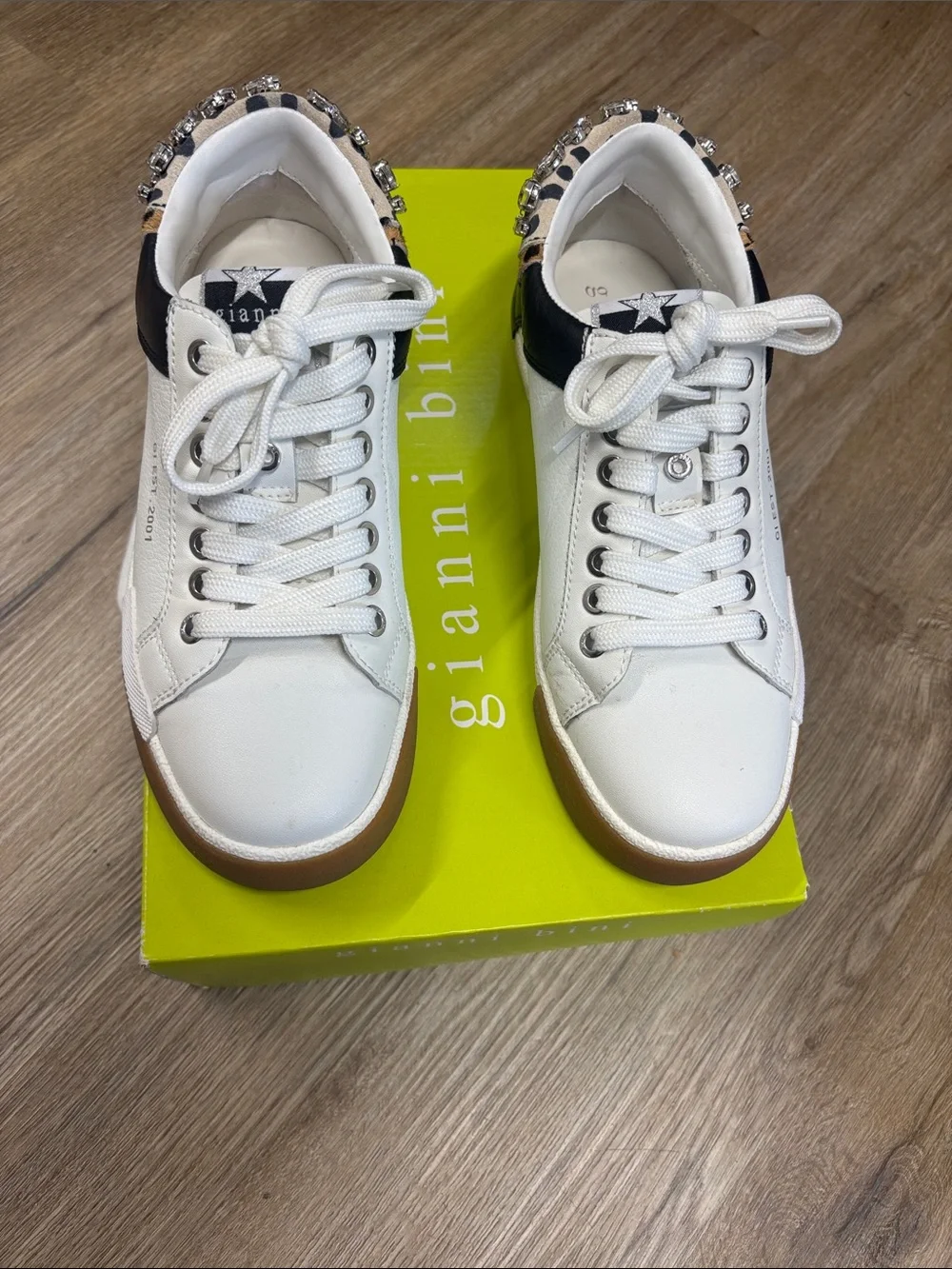 Gianni Bini White Leather Sneakers with Black Heel & Brown Sole